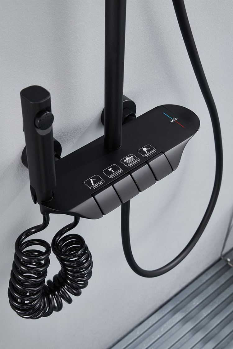 Juego de sistema de ducha termostático con llave de piano para baño expuesto montado en la pared con función de 4 vías