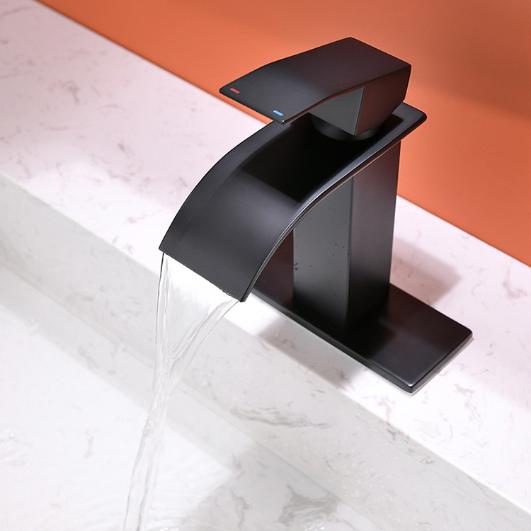 Mezclador de agua fría y caliente negro mate, grifo de lavabo en cascada para baño, acero inoxidable