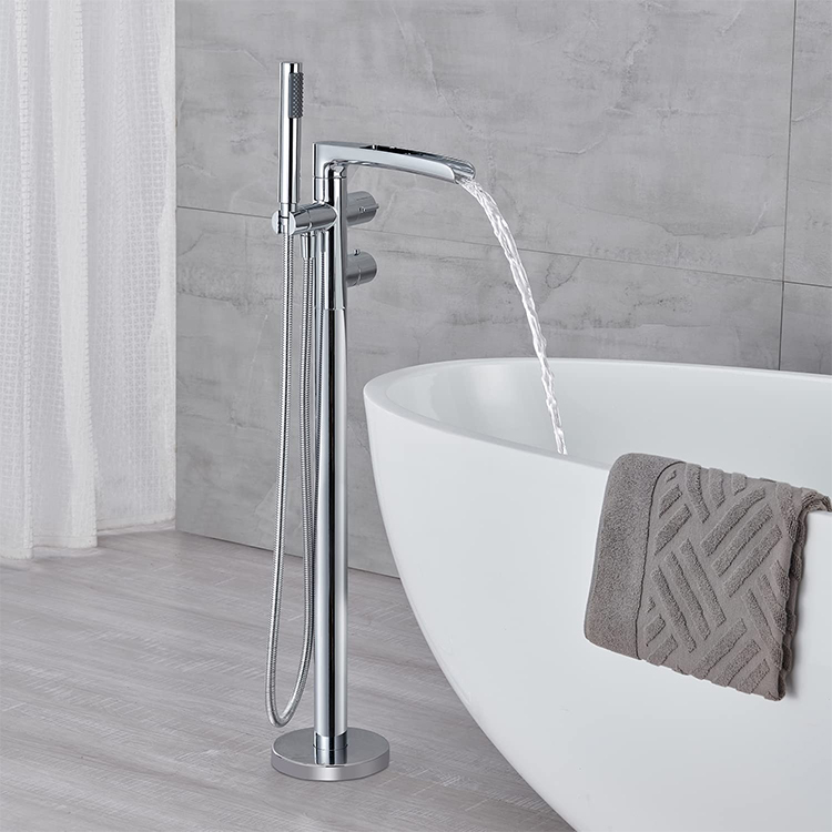 Grifo mezclador para bañera de baño con montaje en suelo, grifo mezclador para bañera en cascada Fresstanding