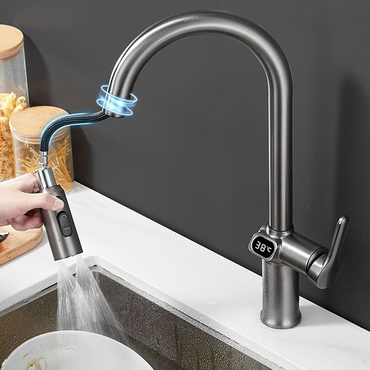 Grifo giratorio moderno de 360 ​​grados para fregadero de cocina, grifo extraíble con pantalla Digital de temperatura