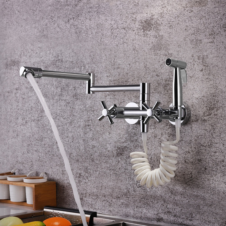 Mezclador de grifo de cocina plegable con rociador, 2 manijas, caliente y fría, montado en la pared, para olla de cocina