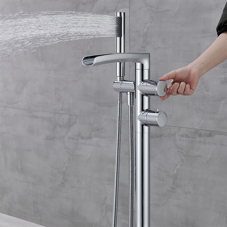 Grifo mezclador para bañera de baño con montaje en suelo, grifo mezclador para bañera en cascada Fresstanding