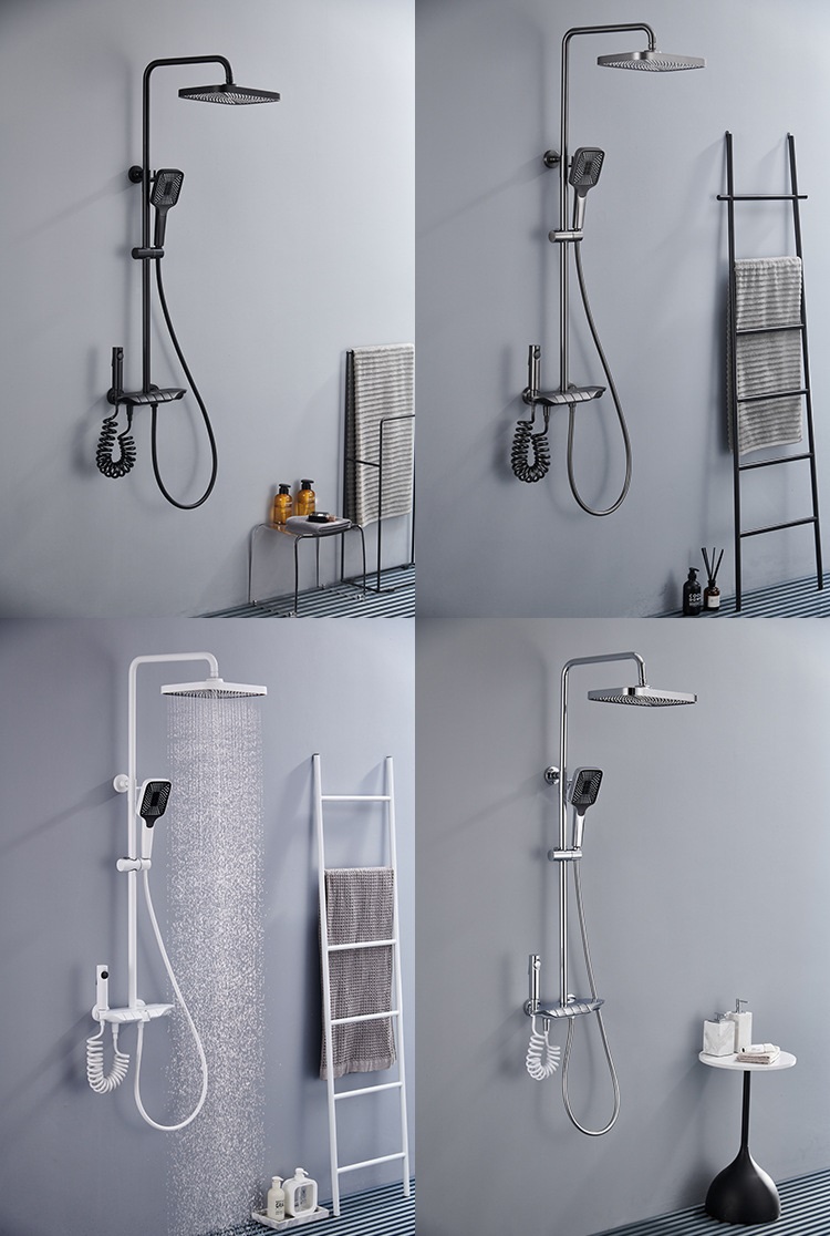 Juego de sistema de ducha termostático con llave de piano para baño expuesto montado en la pared con función de 4 vías