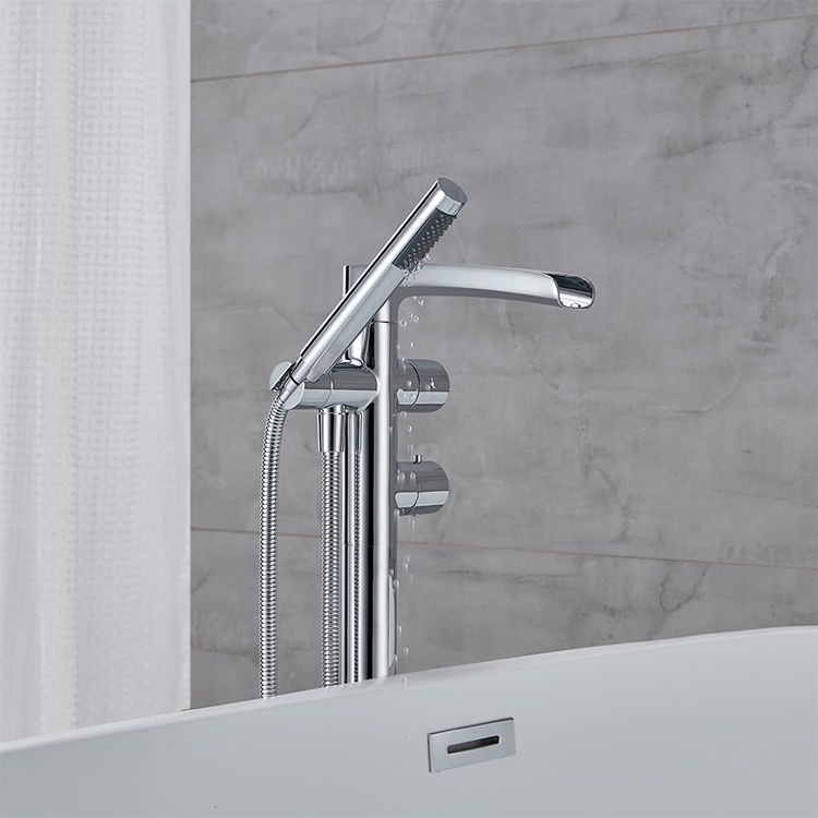 Grifo mezclador para bañera de baño con montaje en suelo, grifo mezclador para bañera en cascada Fresstanding