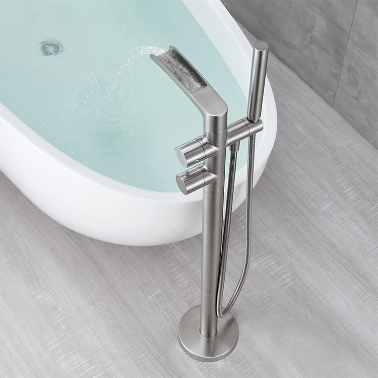 Grifo mezclador para bañera de baño con montaje en suelo, grifo mezclador para bañera en cascada Fresstanding