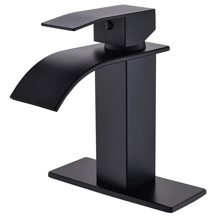 Mezclador de agua fría y caliente negro mate, grifo de lavabo en cascada para baño, acero inoxidable