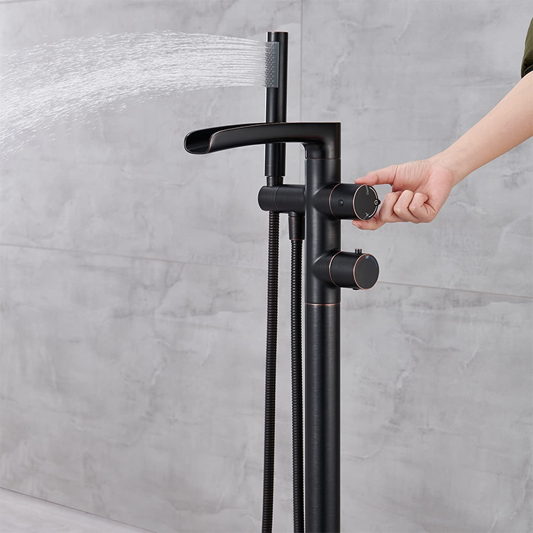 Grifo mezclador para bañera de baño con montaje en suelo, grifo mezclador para bañera en cascada Fresstanding