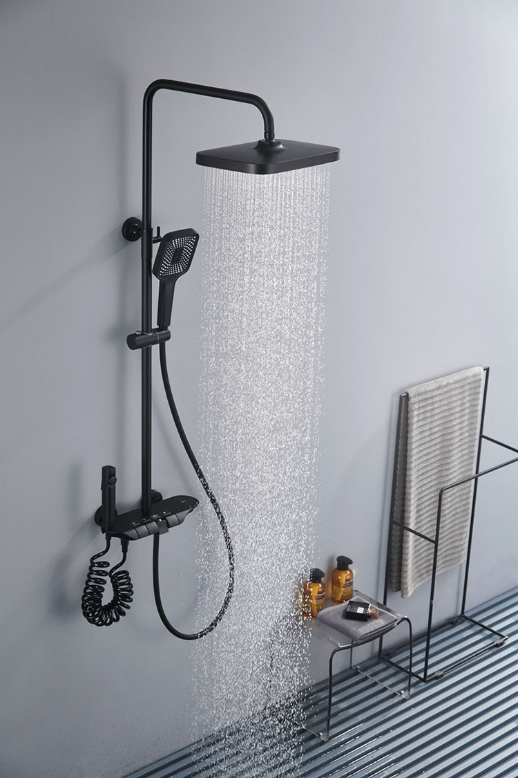 Juego de sistema de ducha termostático con llave de piano para baño expuesto montado en la pared con función de 4 vías