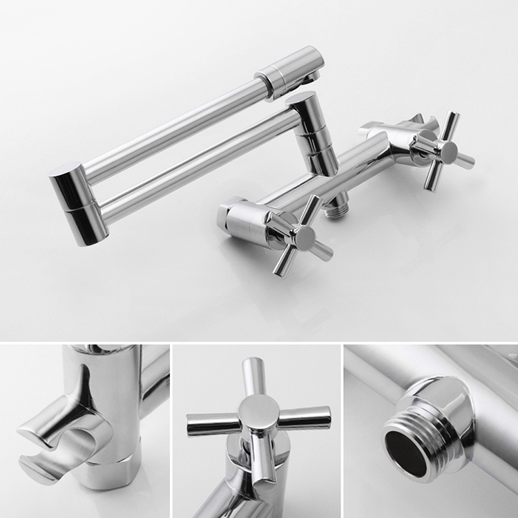 Mezclador de grifo de cocina plegable con rociador, 2 manijas, caliente y fría, montado en la pared, para olla de cocina