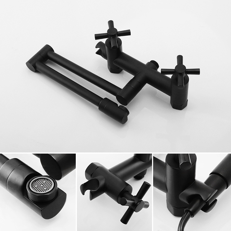 Mezclador de grifo de cocina plegable con rociador, 2 manijas, caliente y fría, montado en la pared, para olla de cocina