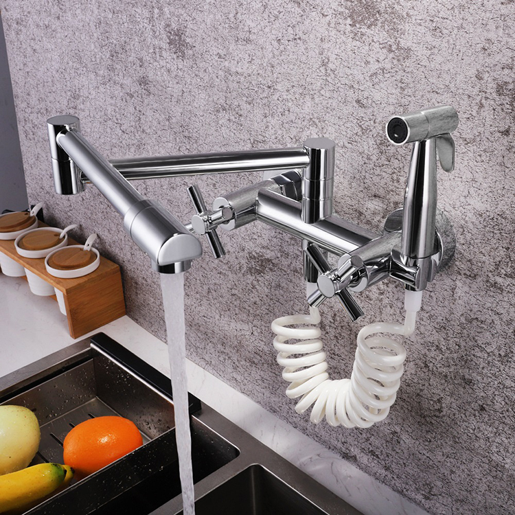 Mezclador de grifo de cocina plegable con rociador, 2 manijas, caliente y fría, montado en la pared, para olla de cocina
