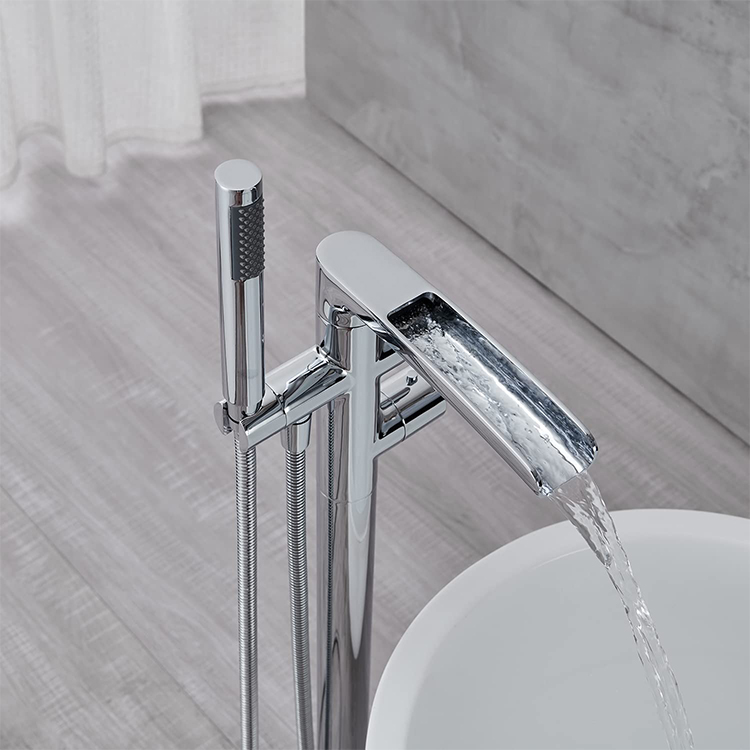 Grifo mezclador para bañera de baño con montaje en suelo, grifo mezclador para bañera en cascada Fresstanding