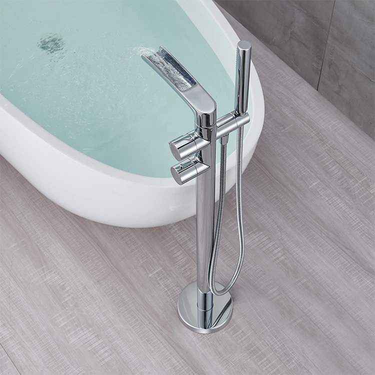 Grifo mezclador para bañera de baño con montaje en suelo, grifo mezclador para bañera en cascada Fresstanding